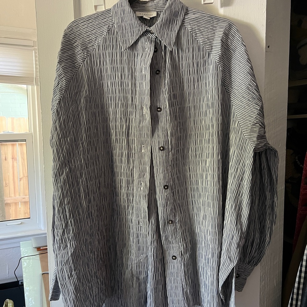 TopShop Button Up Striped Blue White Oversized Top Blouse Size 6